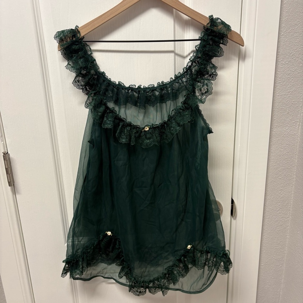 VTG Irish Emerald Green BABYDOLL Sheer Chiffon Robe Nightgown 3 Piece Set M